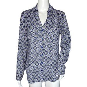 Express Shirt Womens Small‎ Blue Multi Geometric Portofino Chiffon Casual Career